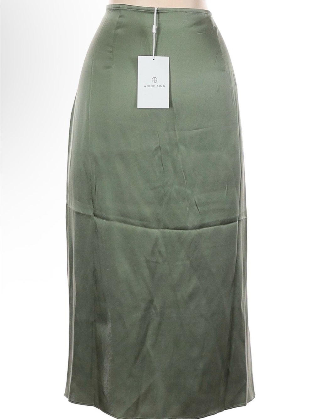 Anine Bing Olive Green Satin Midi Silk Skirt